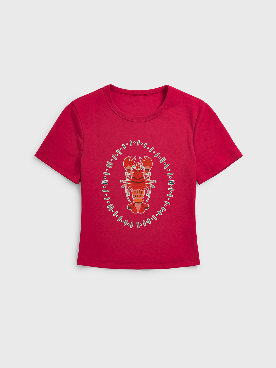 Tropical Lobster Patchwork Print Crew Neck Cotton Tee