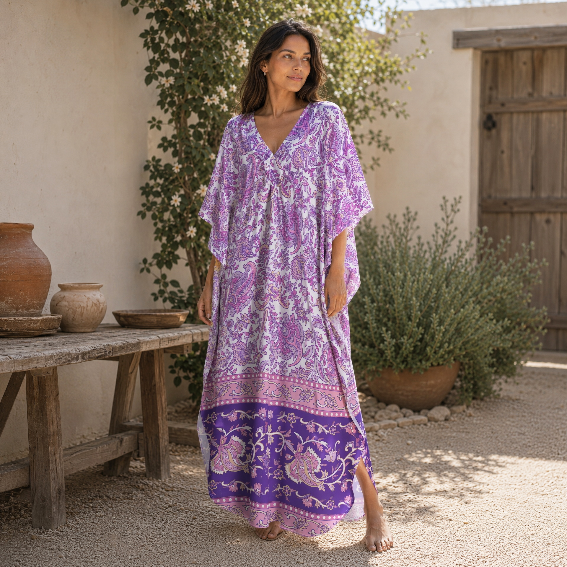 Violet Paisley Garden Soft Kaftan Maxi Dress