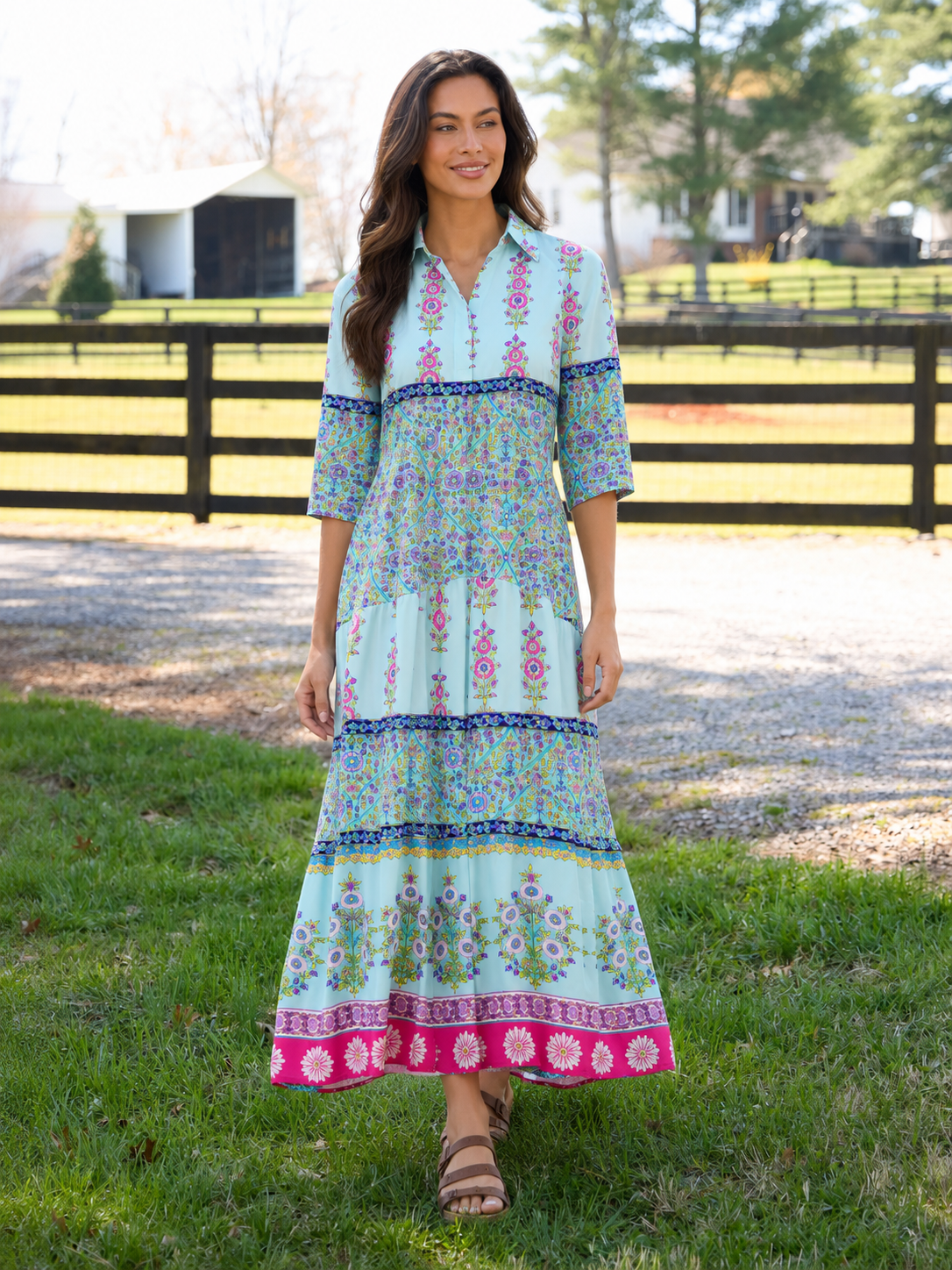 Turquoise Palace Blooms Midi Dress With Pockets