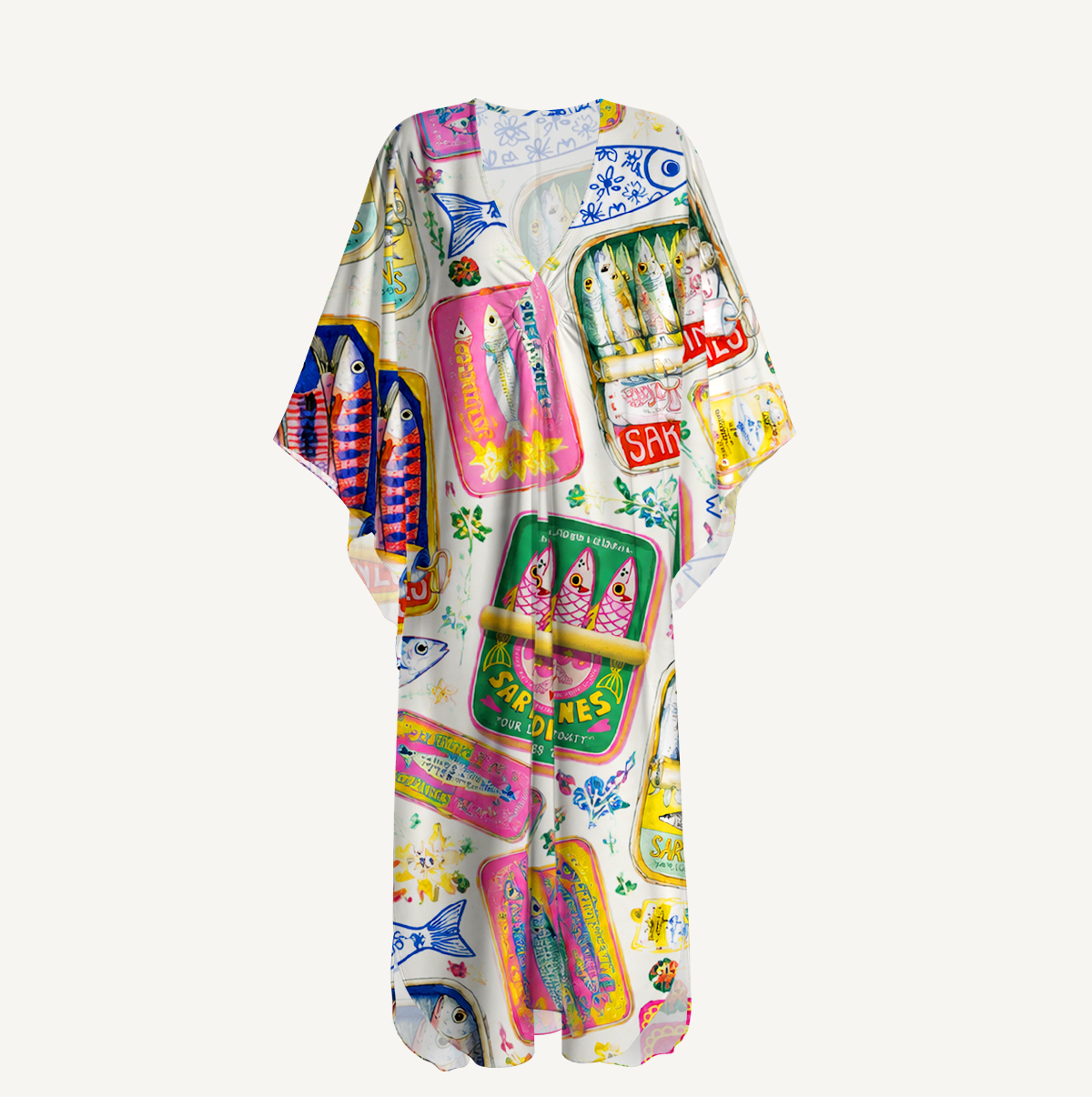 Sardines Stamp Kimono Sleeve Kaftan Dress