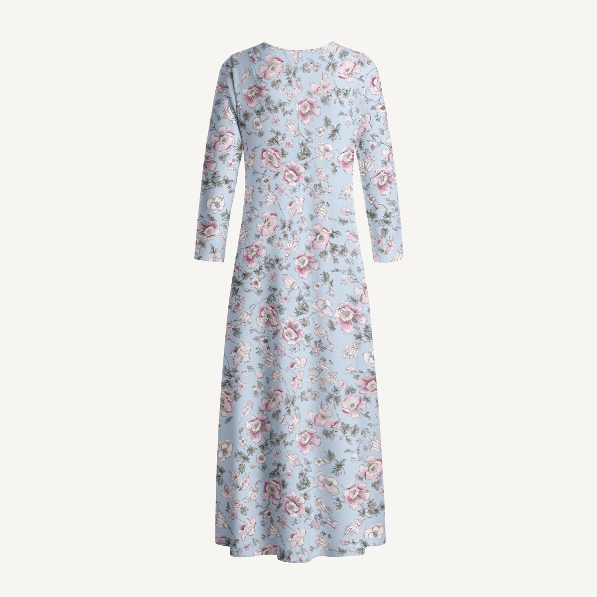 Blue Cherry Blossom Floral Print Soft-Touch Stretch Knit Long Sleeve Maxi Dress with Pockets