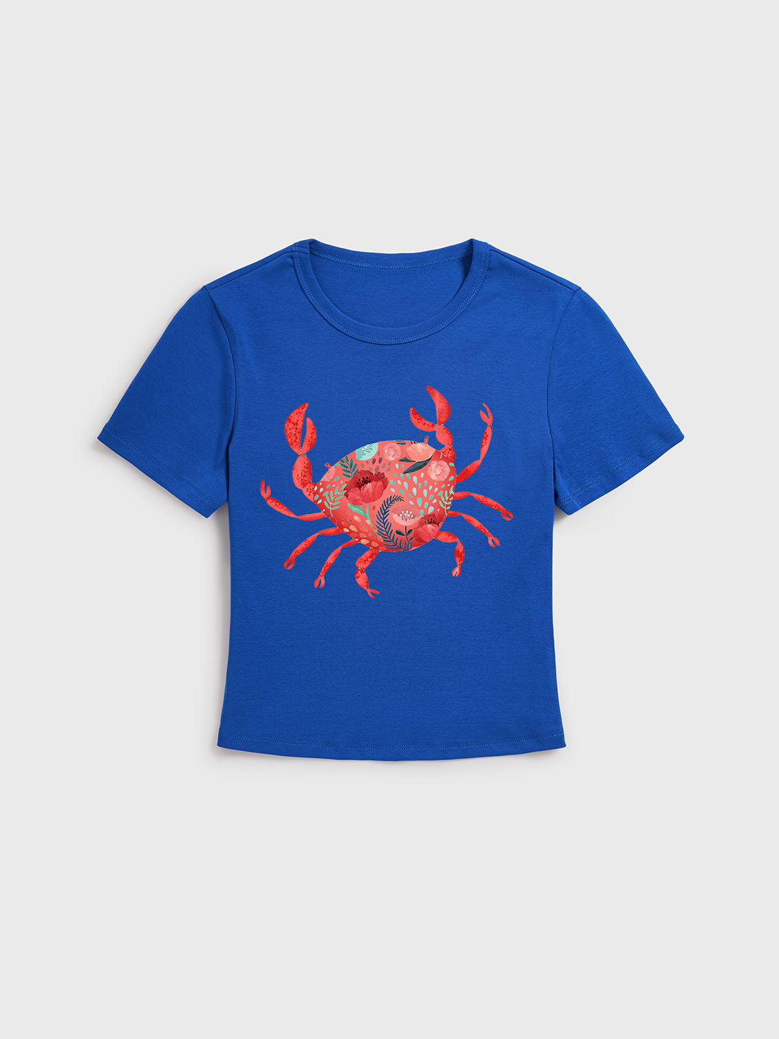 Floral Crab Print Crew Neck Cotton Tee