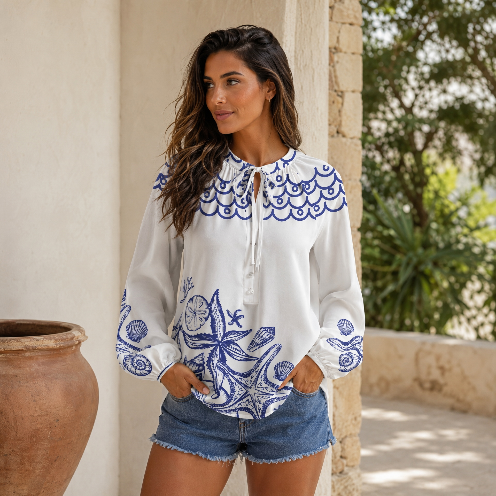 Coastal Nautical Starfish Pattern Boho Long Sleeve Tie‑Neck Blouse