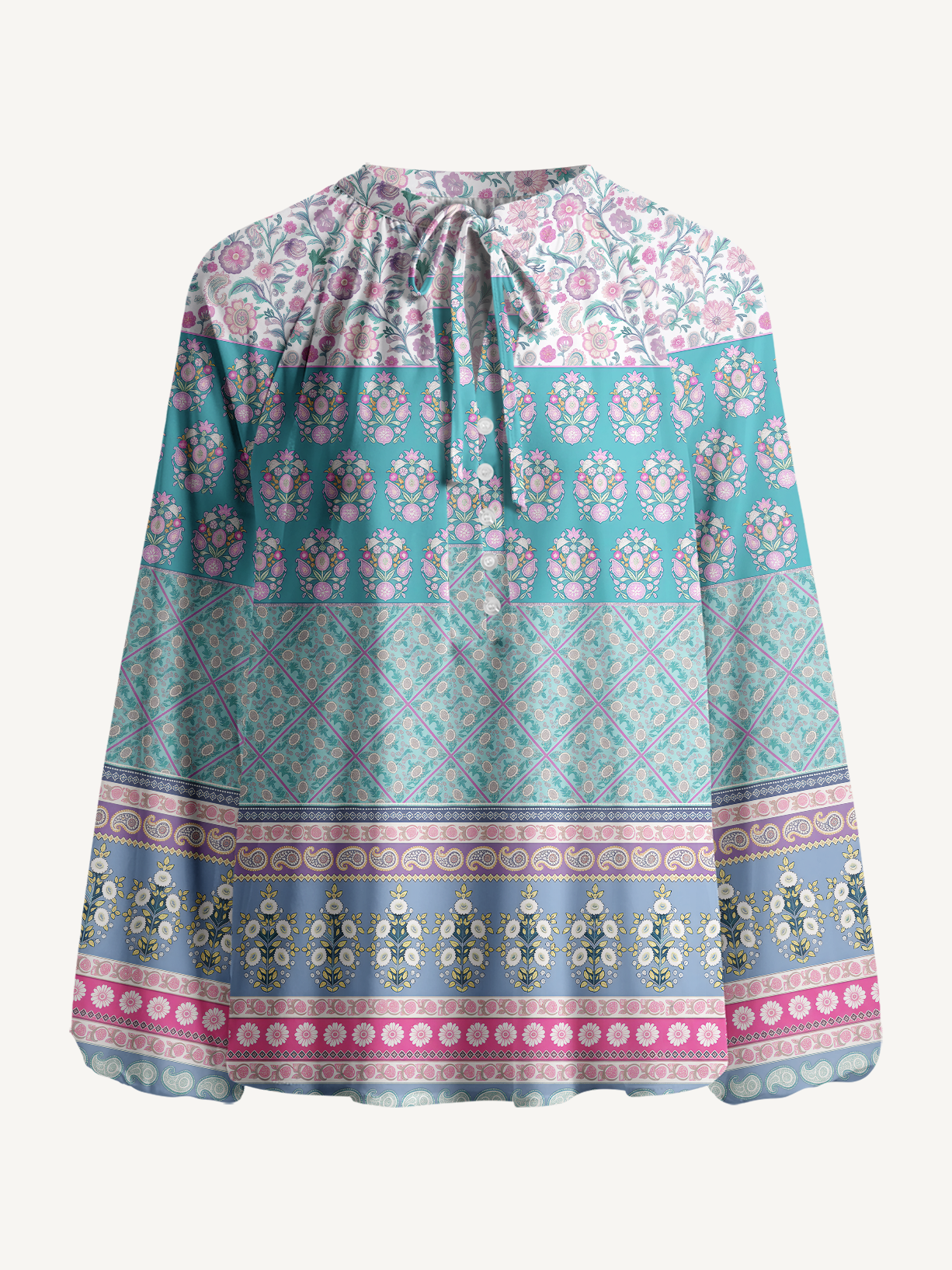 Pink Rose and Geometric Border Pattern Boho Long Sleeve Tie‑Neck Blouse