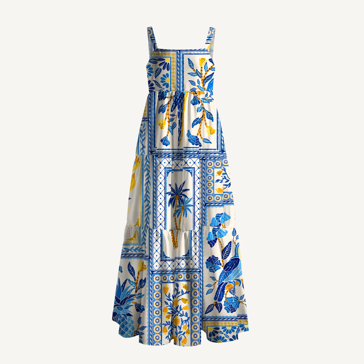 Blue Tropical Tile Wide Straps Maxi Dress With Pockets