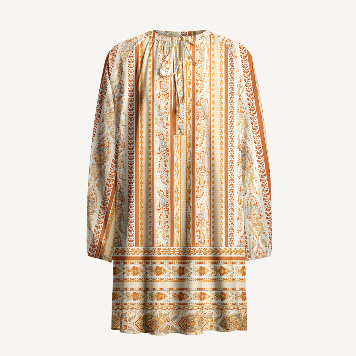 Orange Ethnic Inspired Botanical Stripe Long Sleeve Mini Dress