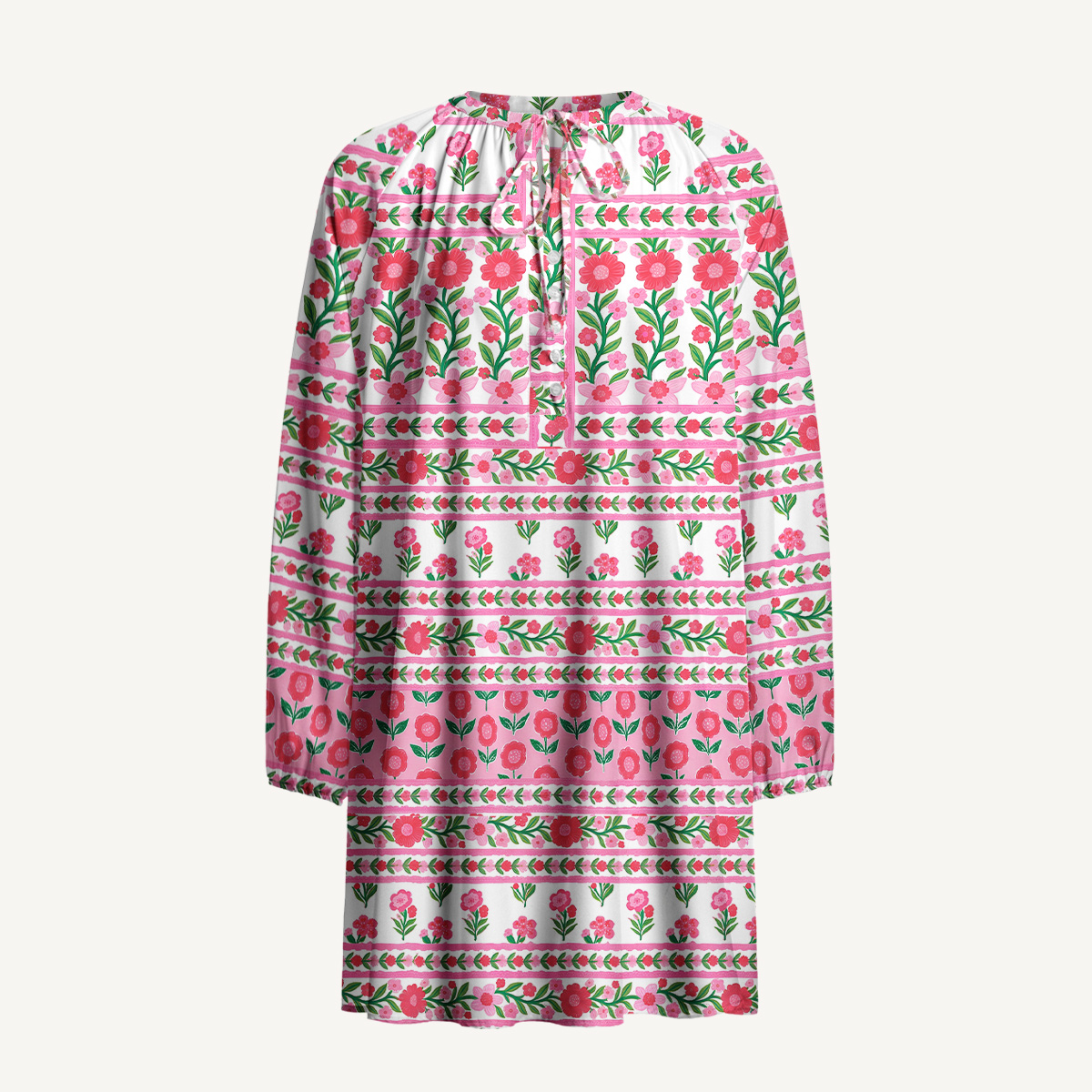 Rose Garden Stripe Floral Boho Long Sleeve Mini Dress