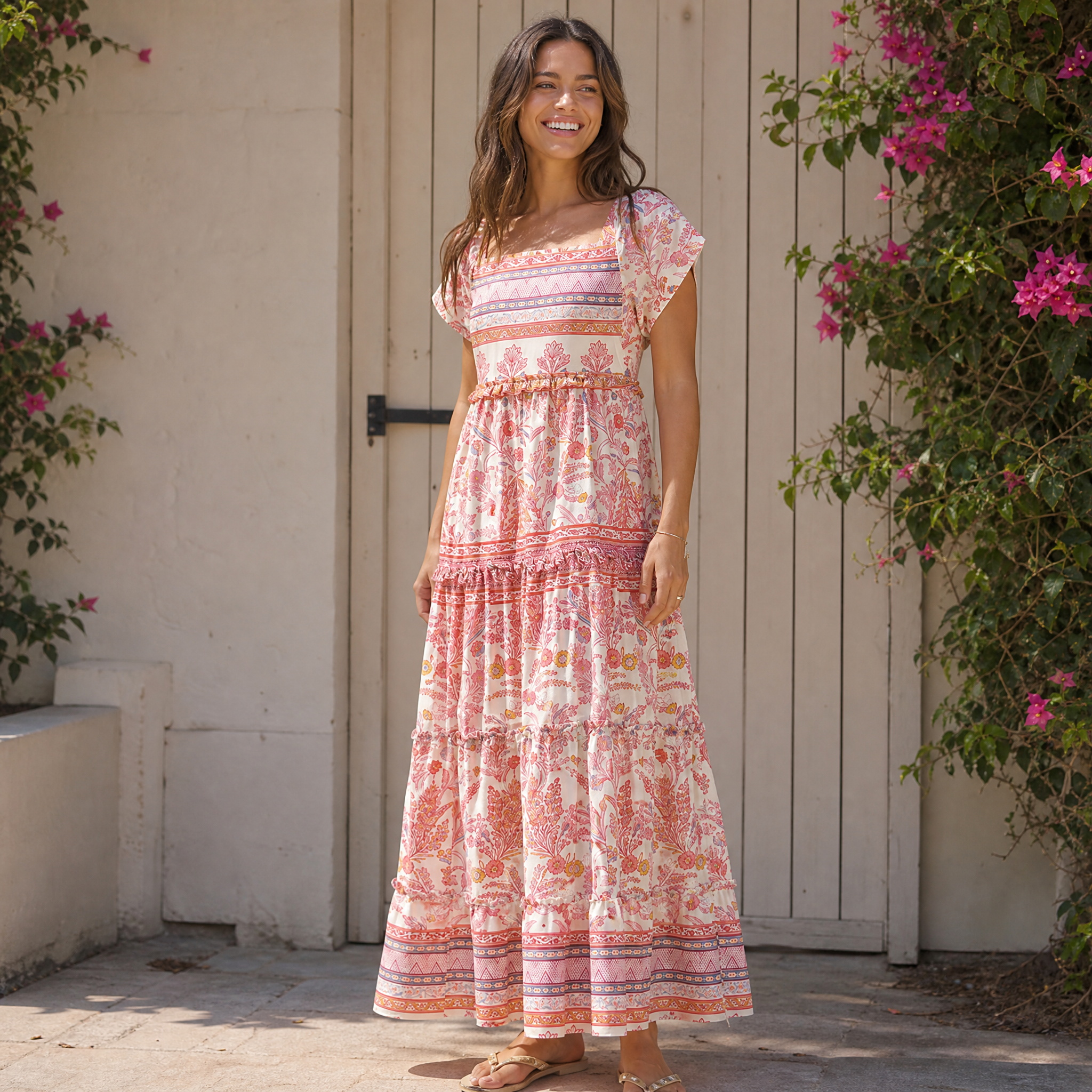 Rosewood Vintage Garden Square Neckline Cap Sleeve Maxi Dress