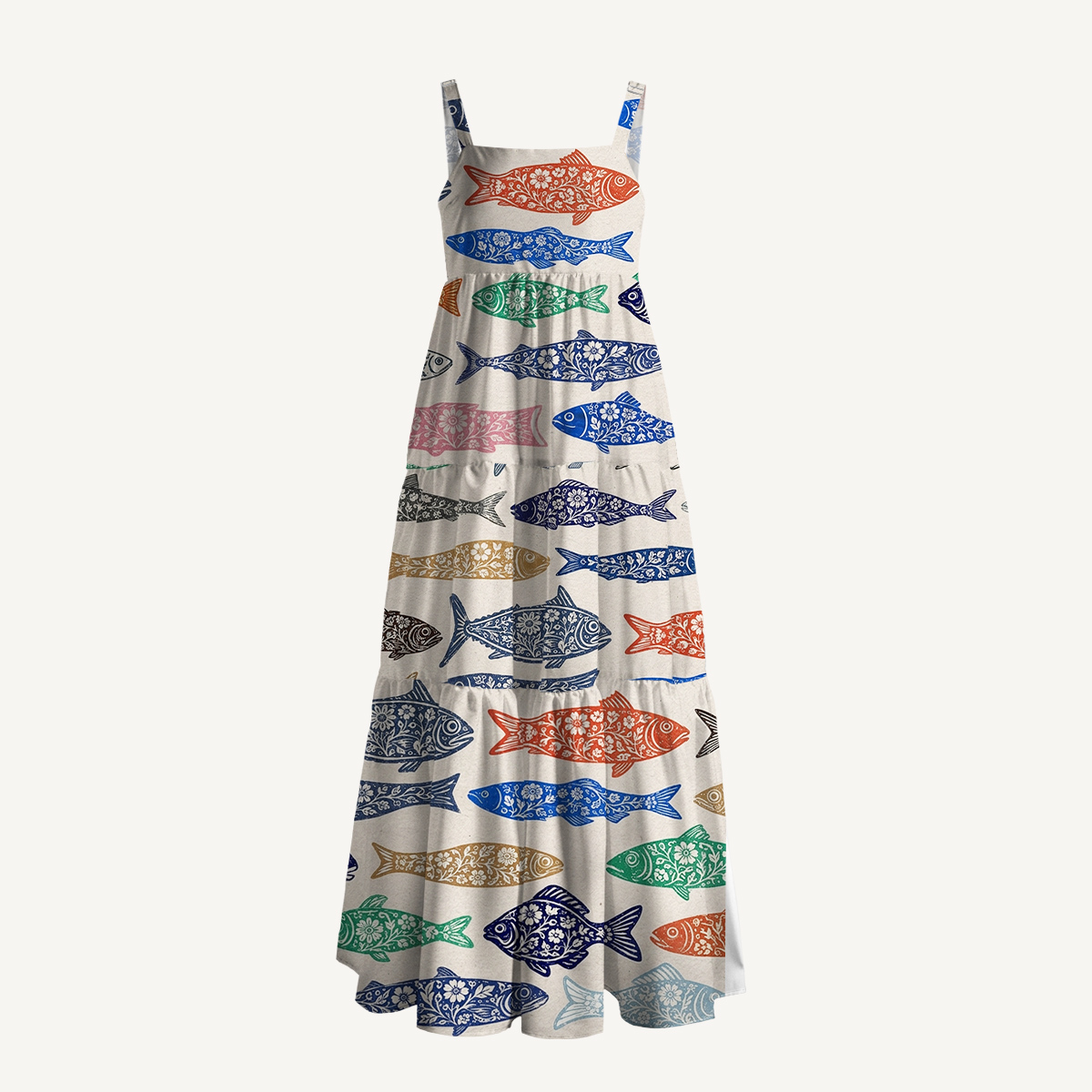 Colorful Floral Fish Print Boho Strap Maxi Dress With Pockets