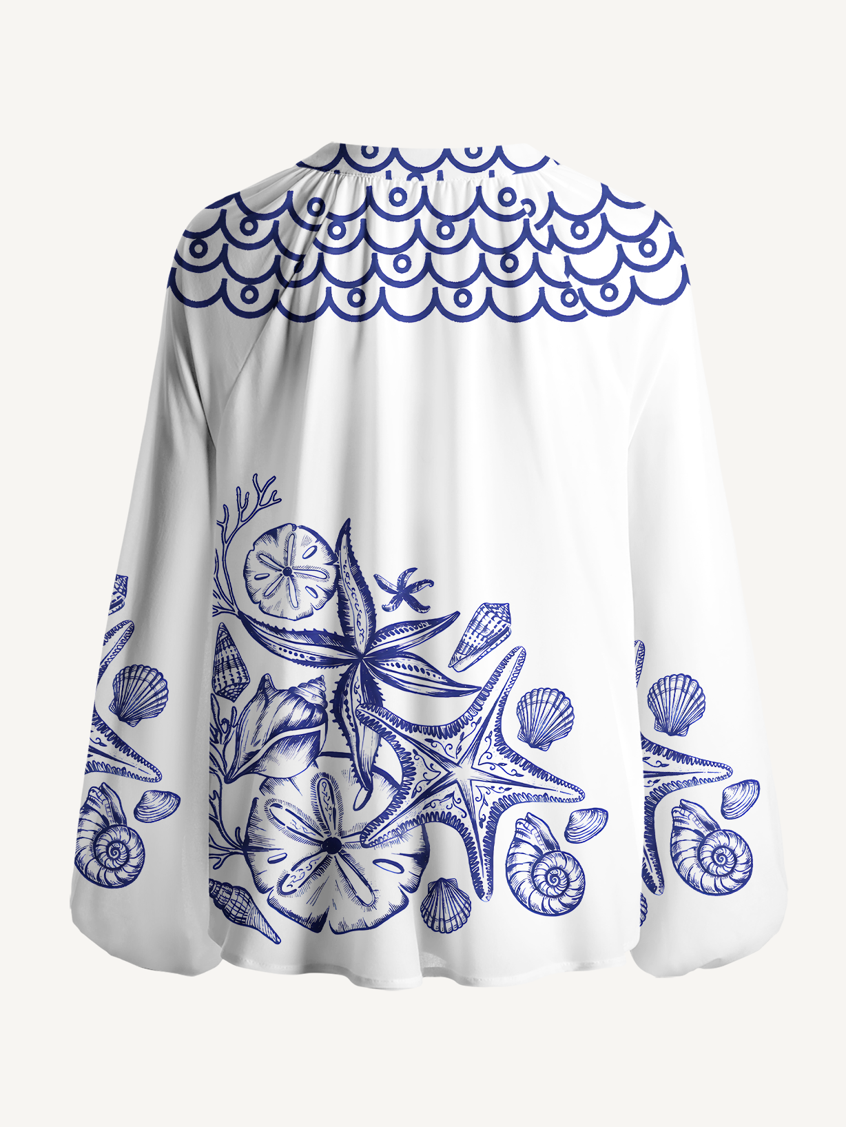 Coastal Nautical Starfish Pattern Boho Long Sleeve Tie‑Neck Blouse