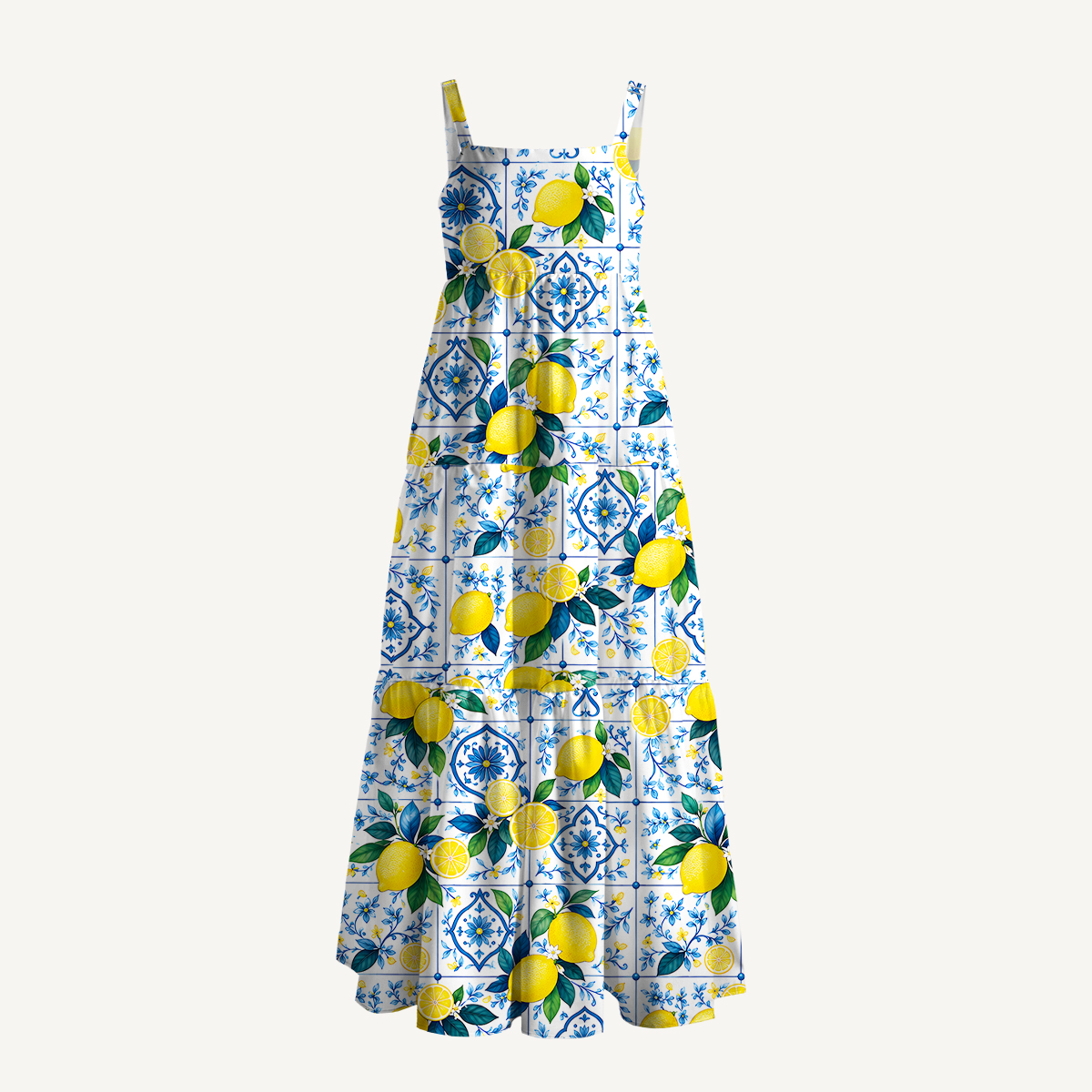 Mediterranean-style tiles with lemon patterns Strap Maxi Dress With Pockets