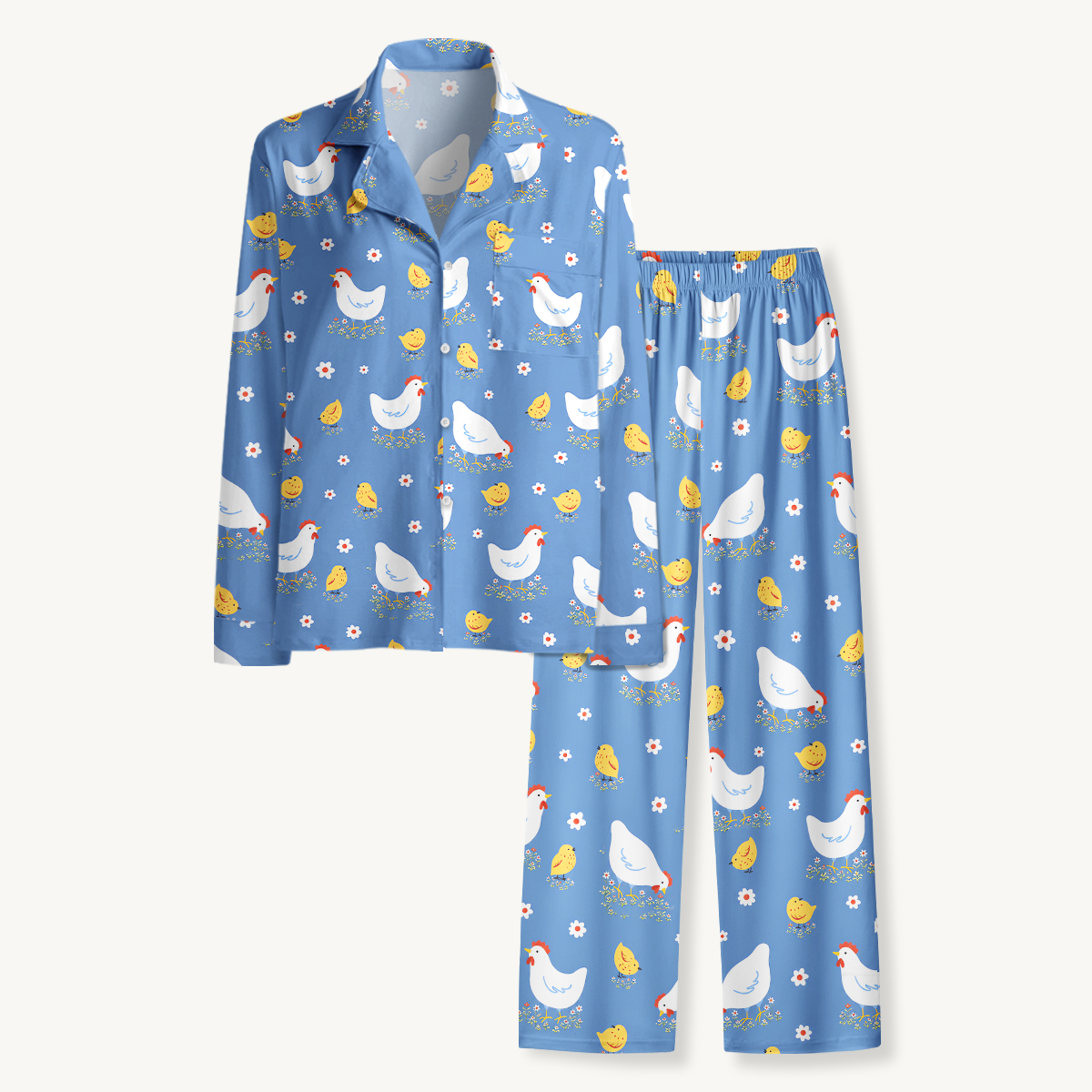 Cheerful Country Hen & Chick Floral Long Sleeves Pajama Sets