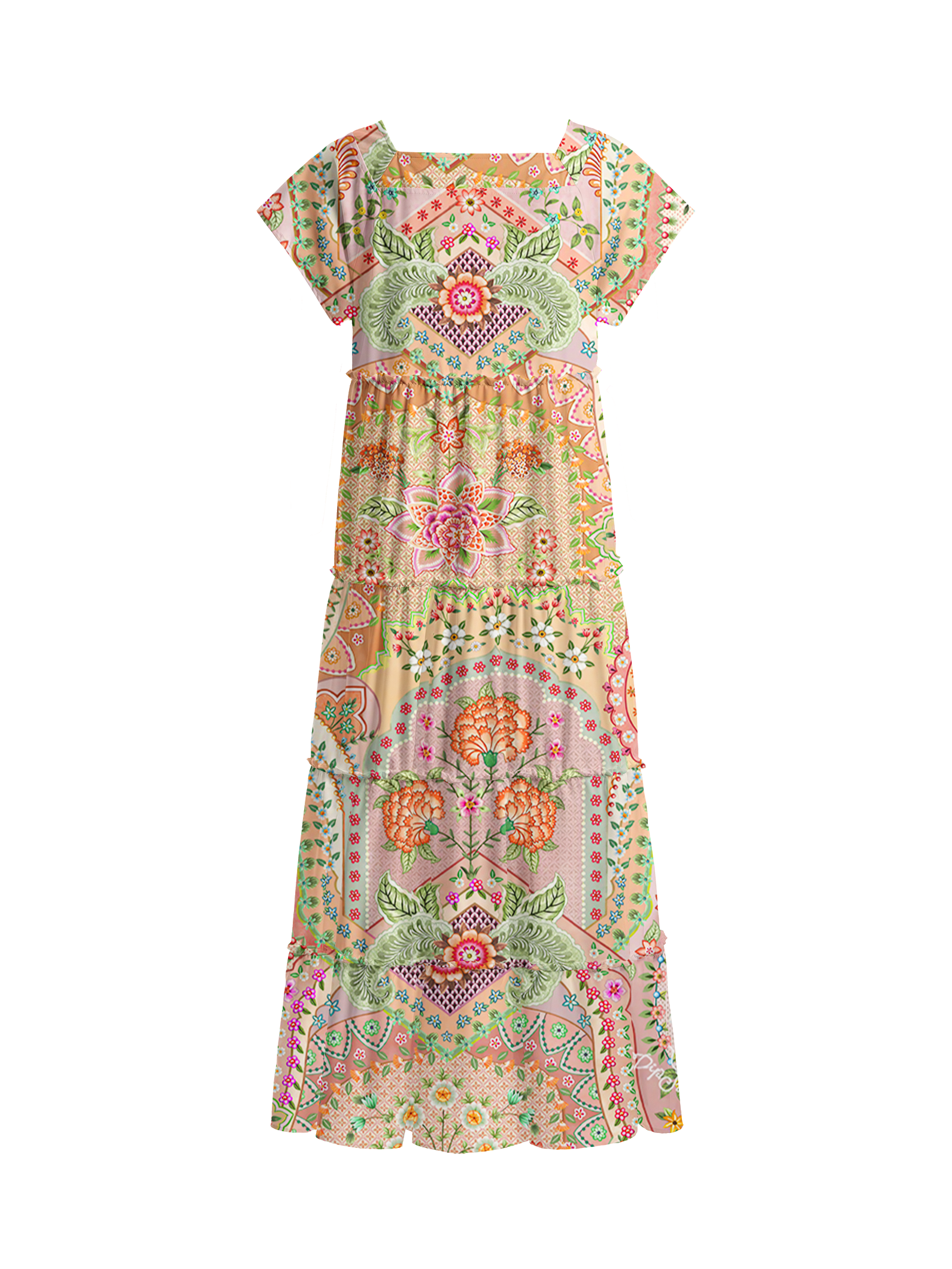 Patchwork Mandala Floral Square Neckline Cap Sleeve Maxi Dress
