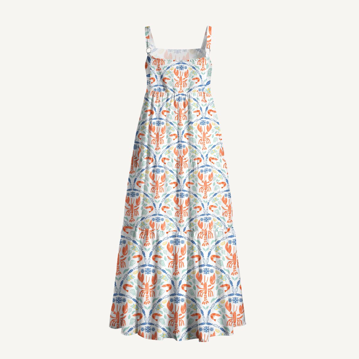 Lobster Print Coastal Sea Life Strap Maxi Dress With Pockets