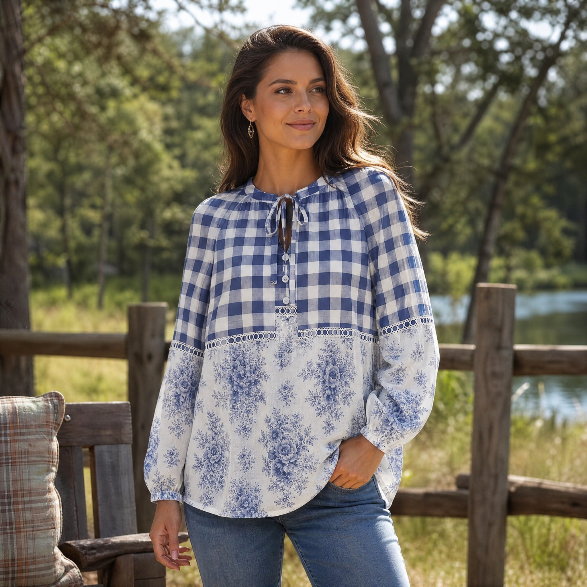 Blue Gingham Rose Toile Boho Long Sleeve Tie‑Neck Blouse