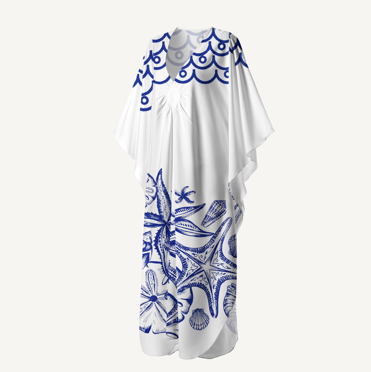 Coastal Nautical Starfish Print Kimono Sleeve Kaftan Dress
