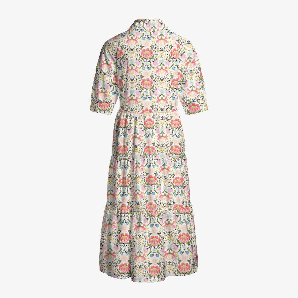 Pink Floral Lantern Motif Elbow-Length Sleeve Women Maxi Dress With Pockets