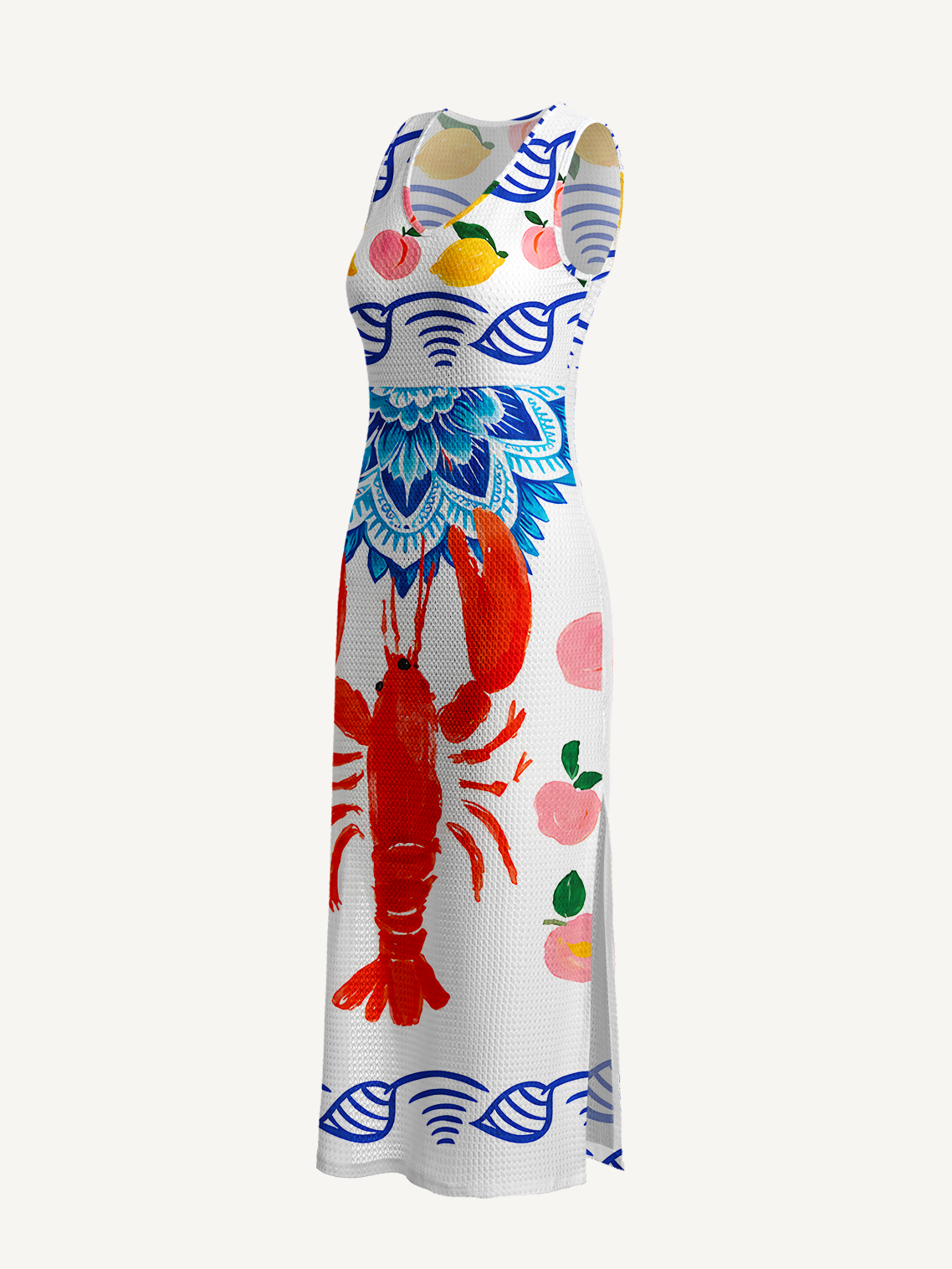 Lobster & Lemon Printed Crochet Knit Midi Dress