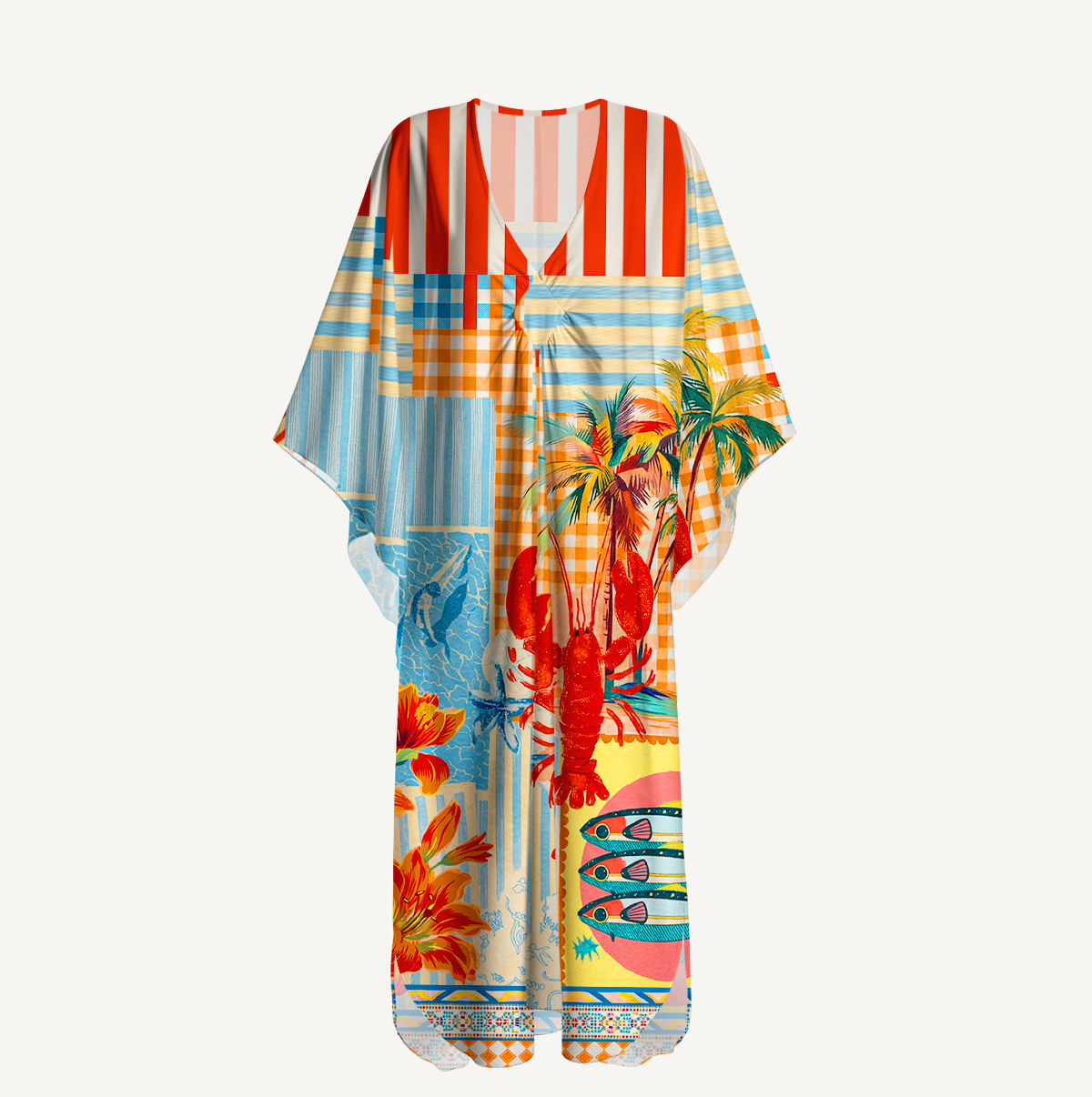 Tropical Lobster Patchwork Kimono Sleeve Kaftan Dress