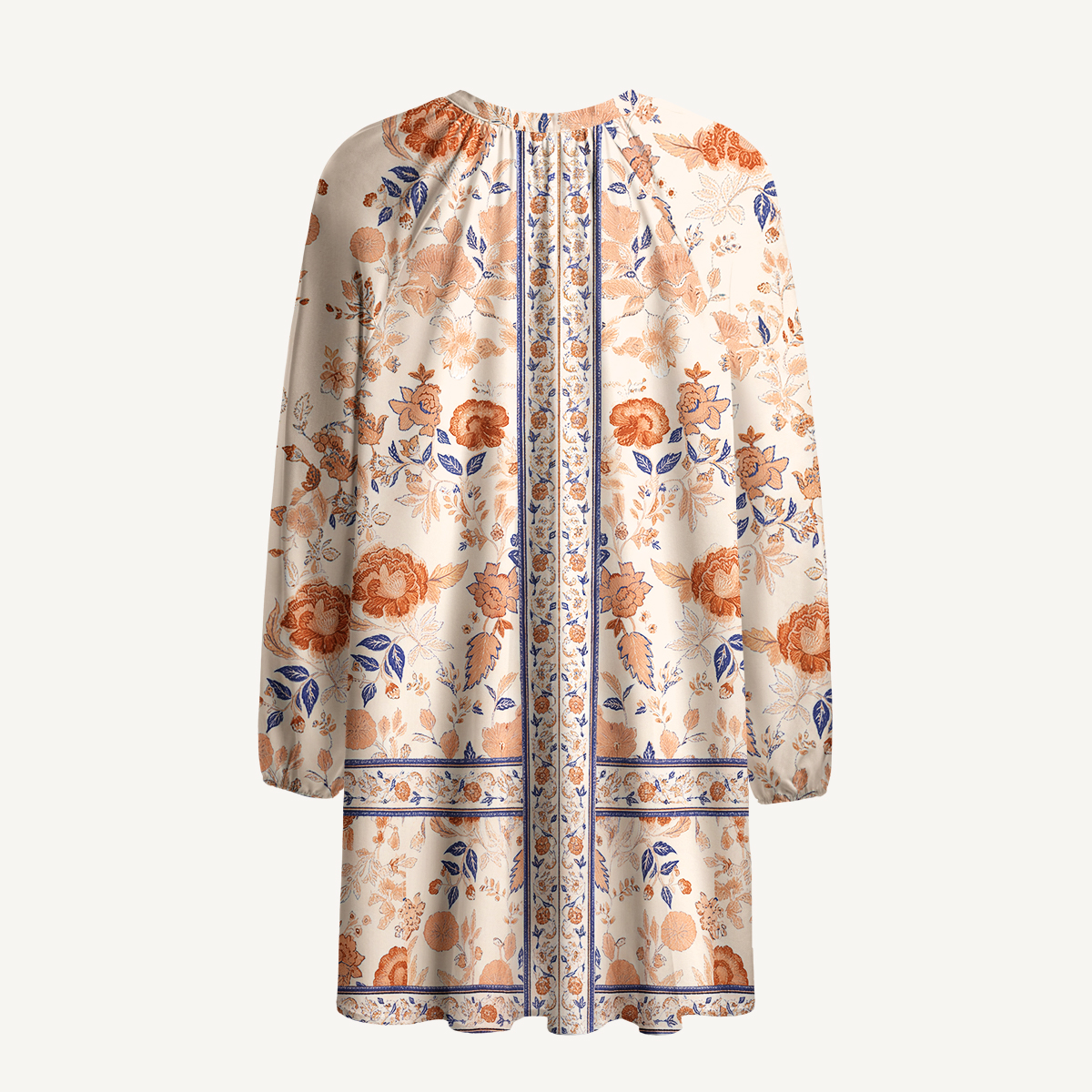 Floral Vine Print Tie‑Neck Long Sleeve Women Mini Dress