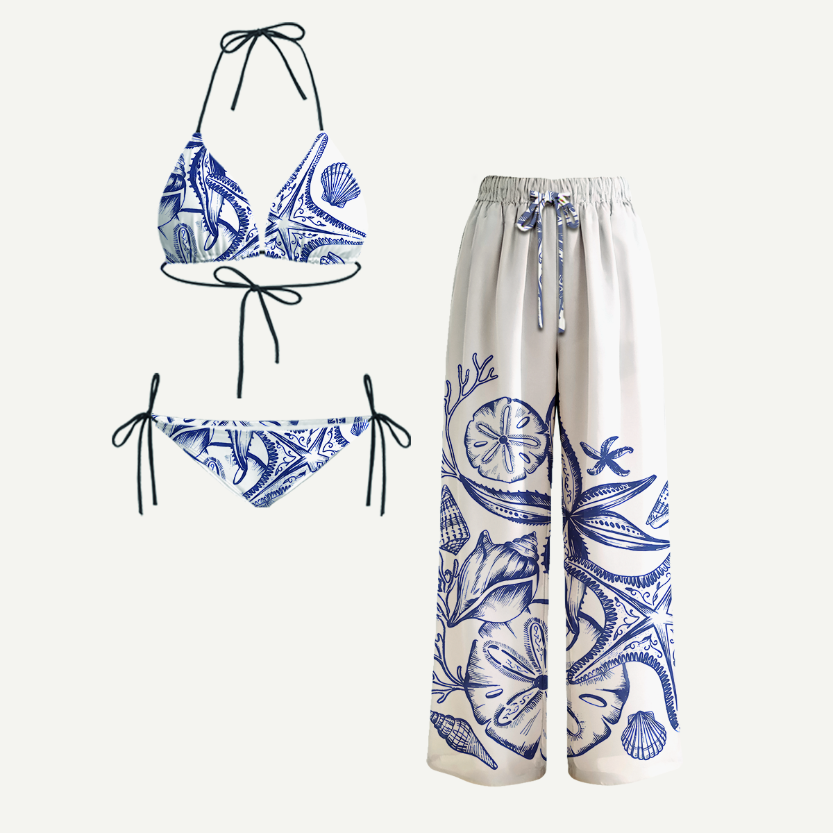 Coastal Nautical Starfish Tie Side Bikini Set with Matching Pants