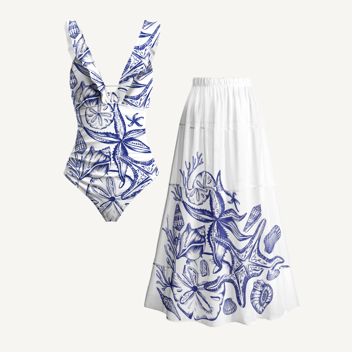 Coastal Nautical Starfish Ruffled V Neck One Piece Swimsuit and Matching Midi Skirt Set