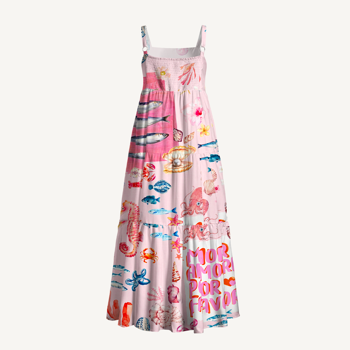 Pink Ocean Life Wide Straps Maxi Dress With Pockets