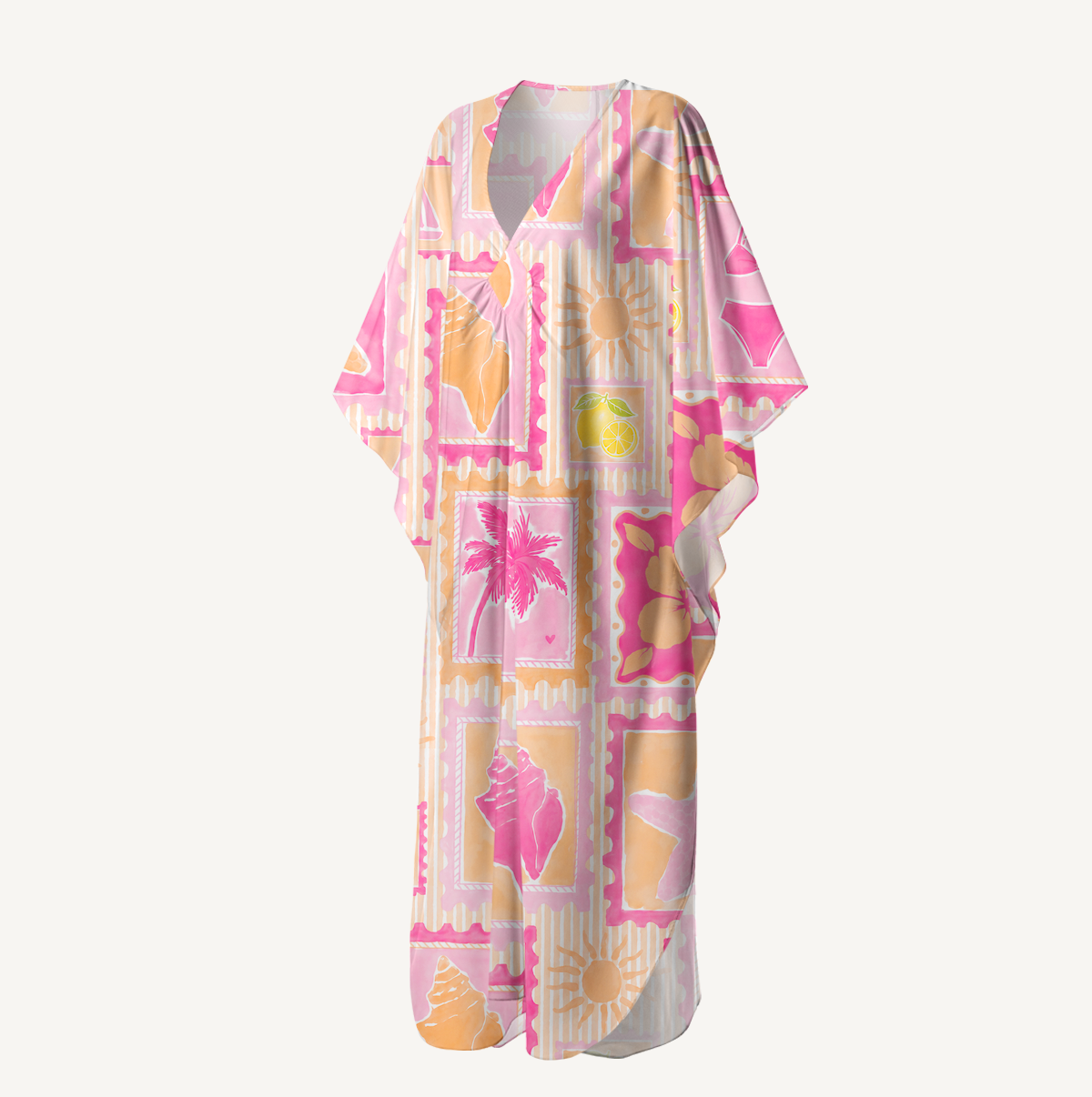 Coral Beach Postcard Print Kimono Sleeve Kaftan Dress