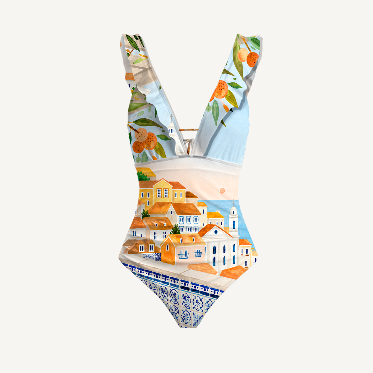 Lisbon Cityscape Ruffled V Neck One Piece Swimsuit and Matching Midi Skirt Set
