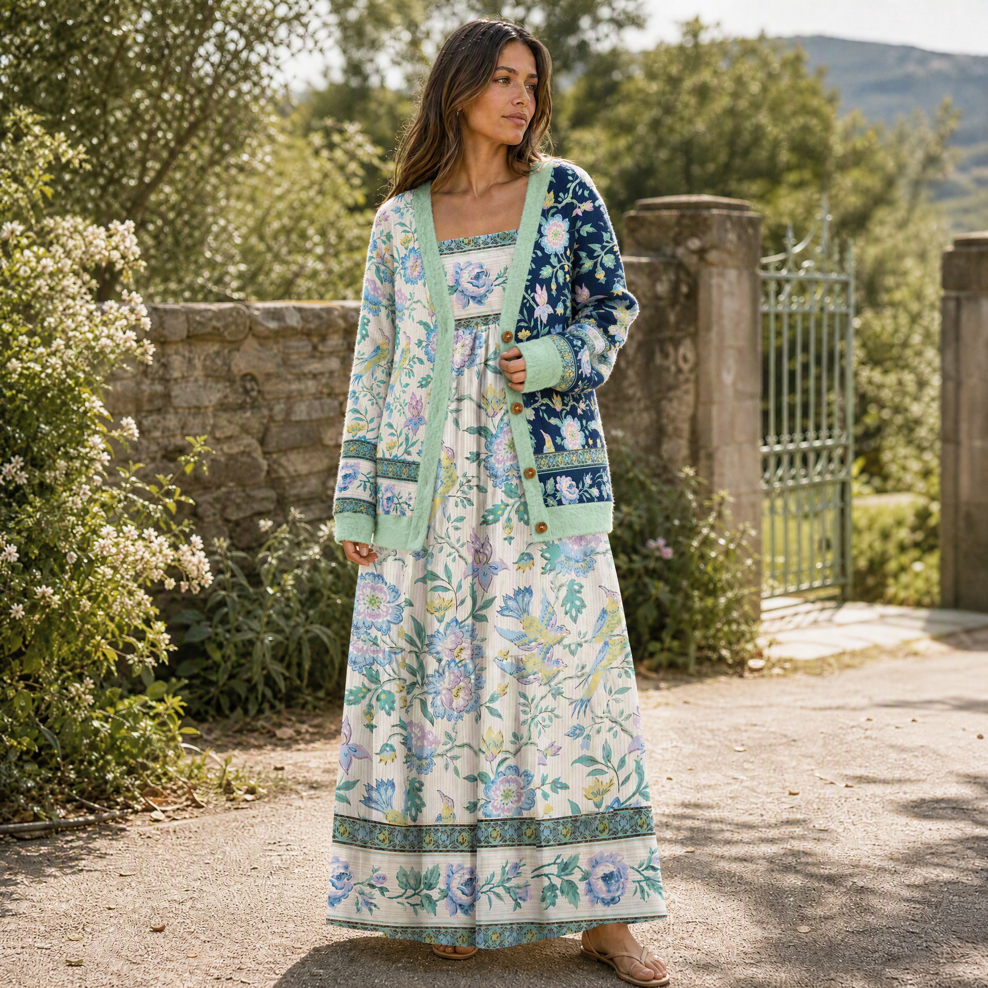 Boho Dual-Tone Birdsong Floral Pattern Strap Maxi Dress With Pockets