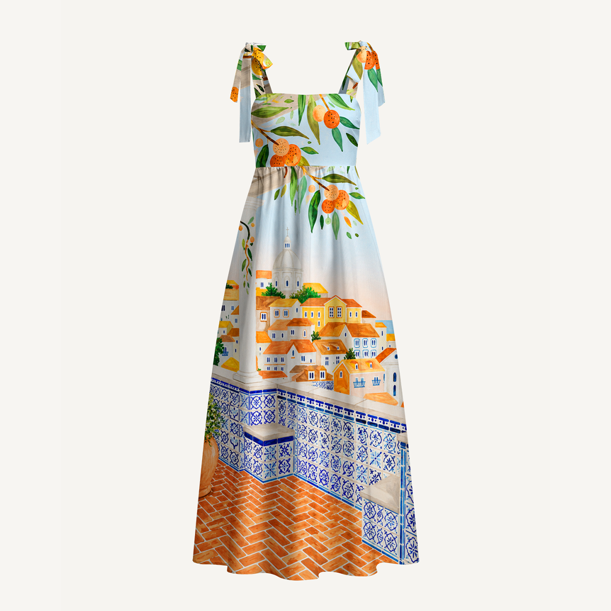 Lisbon Cityscape Bow Strap Maxi Dress