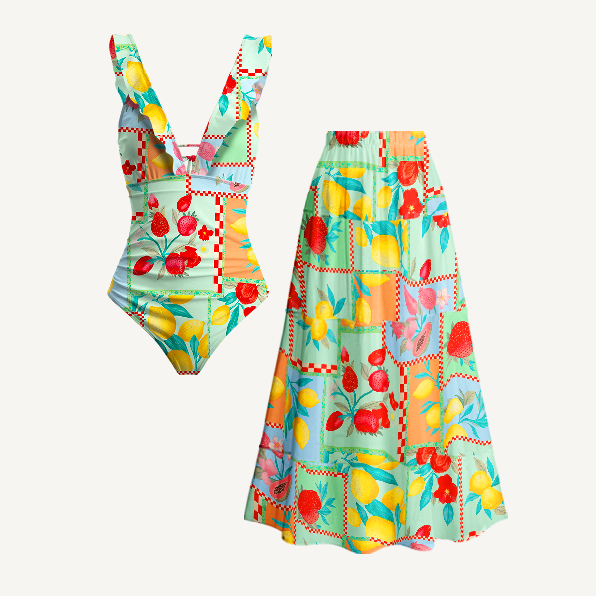 Fruit Party Vacation Ruffled V Neck One Piece Swimsuit and Matching Midi Skirt Set