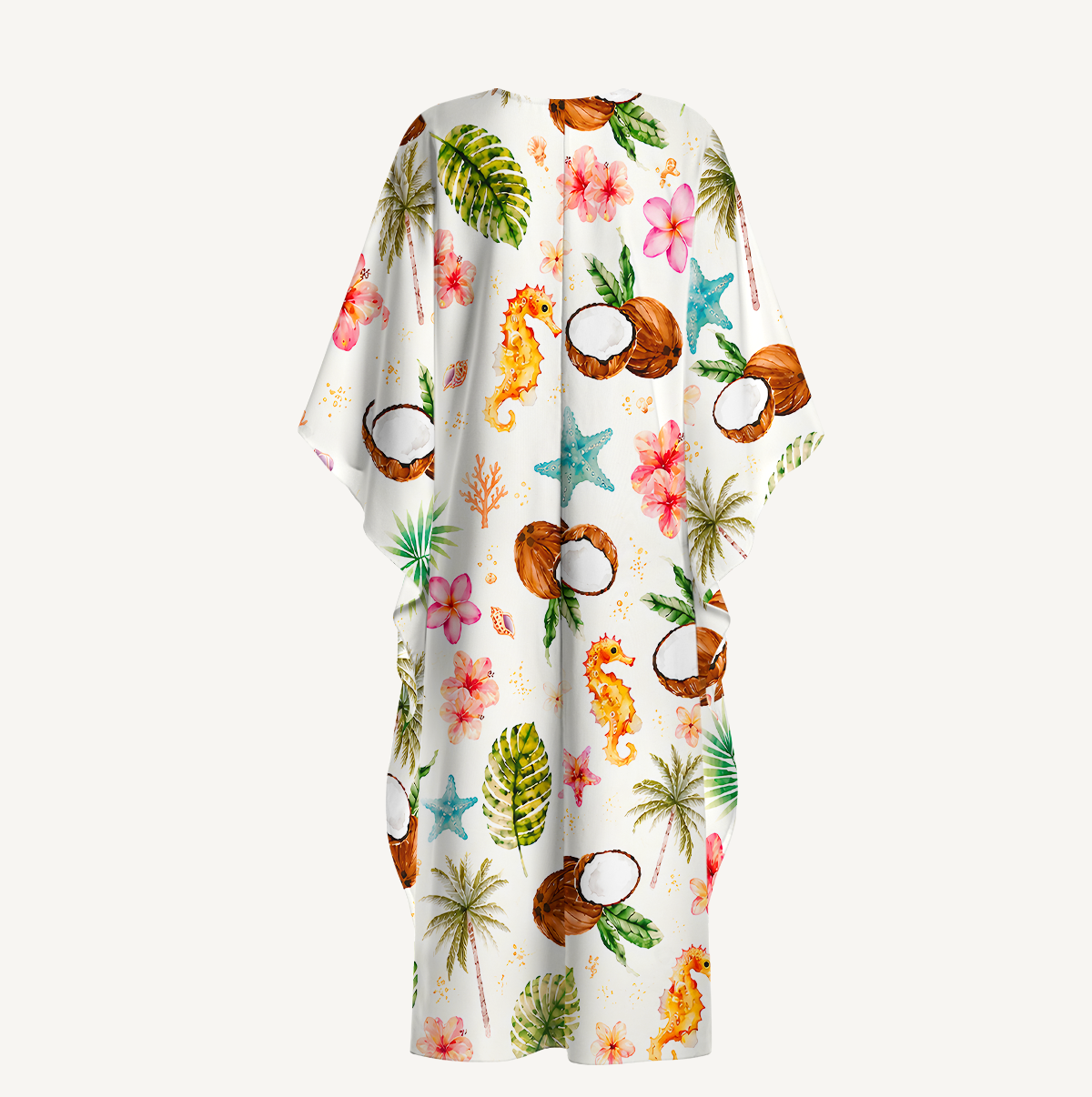 Tropical Coconut Shore Kimono Sleeve Kaftan Dress