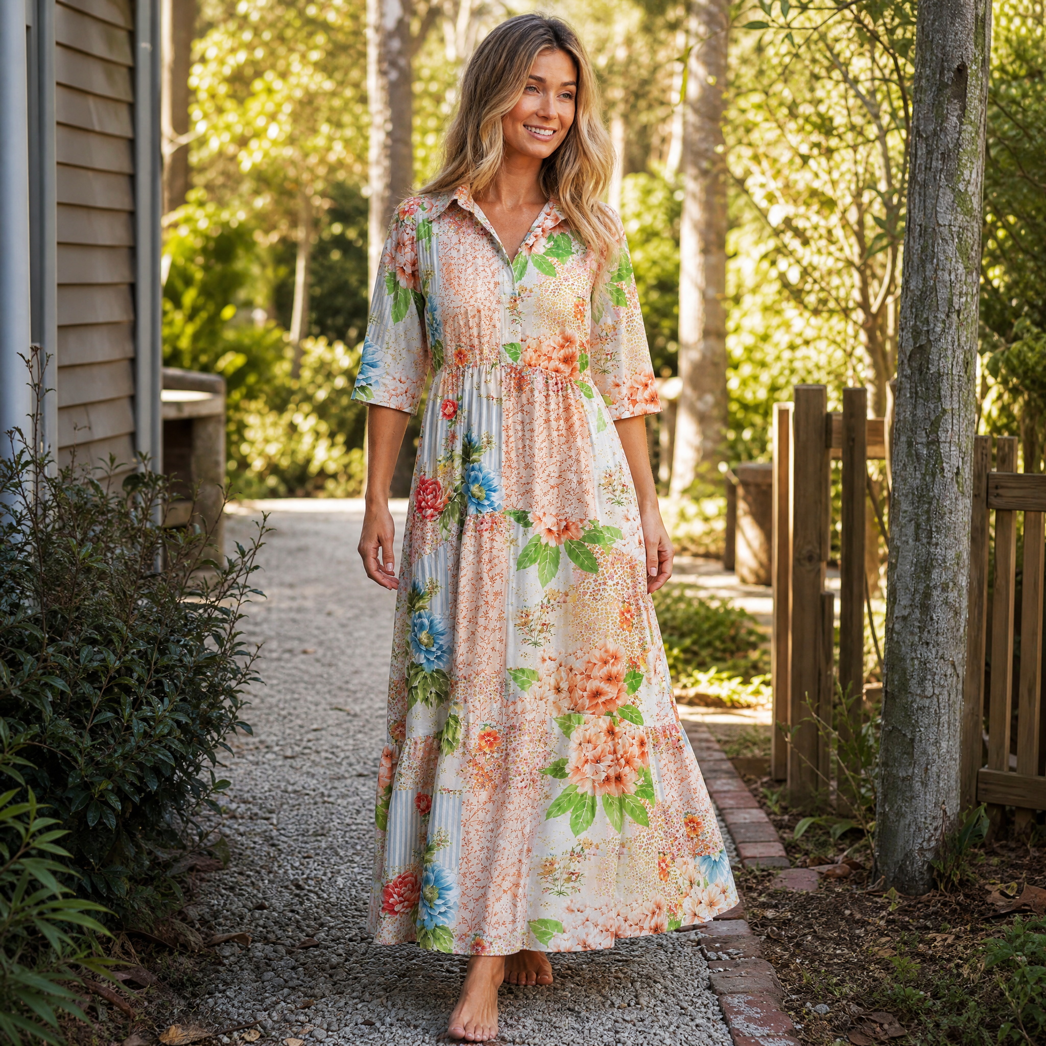 Vintage Cottage Garden Quilt Print Midi Dress For Women With Pockets