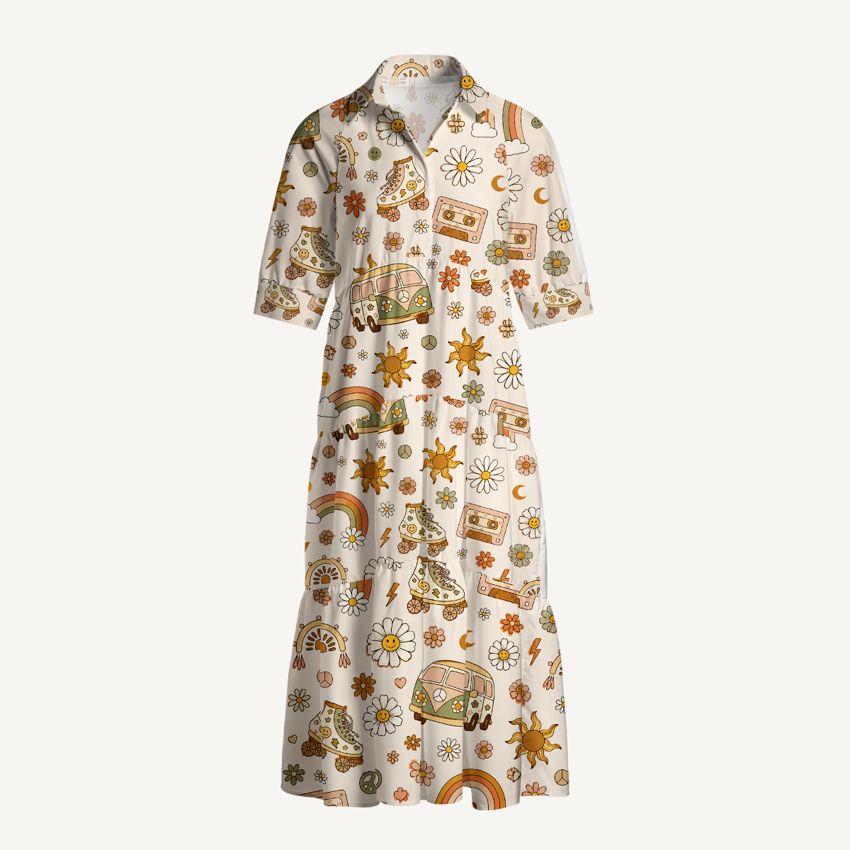 70s Retro Hipister Midi Dress For Women With Pockets