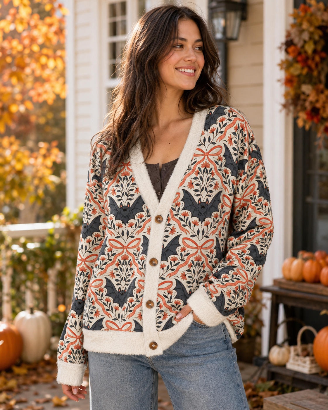 Vintage Bat Vine Halloween Boho Ugly Cardigan Sweaters
