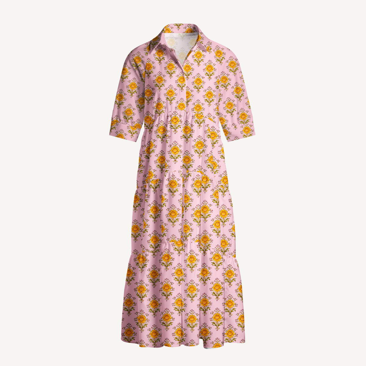 Pink Meadow Bloom Elbow-Length Sleeve Midi Dress With Pockets