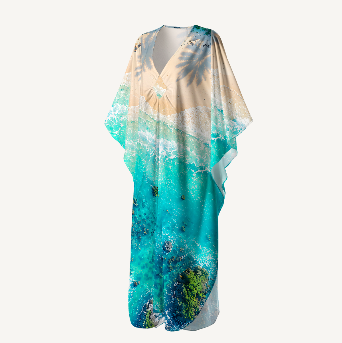 Turquoise Reef and Palm Shadows Kimono Sleeve Kaftan Dress