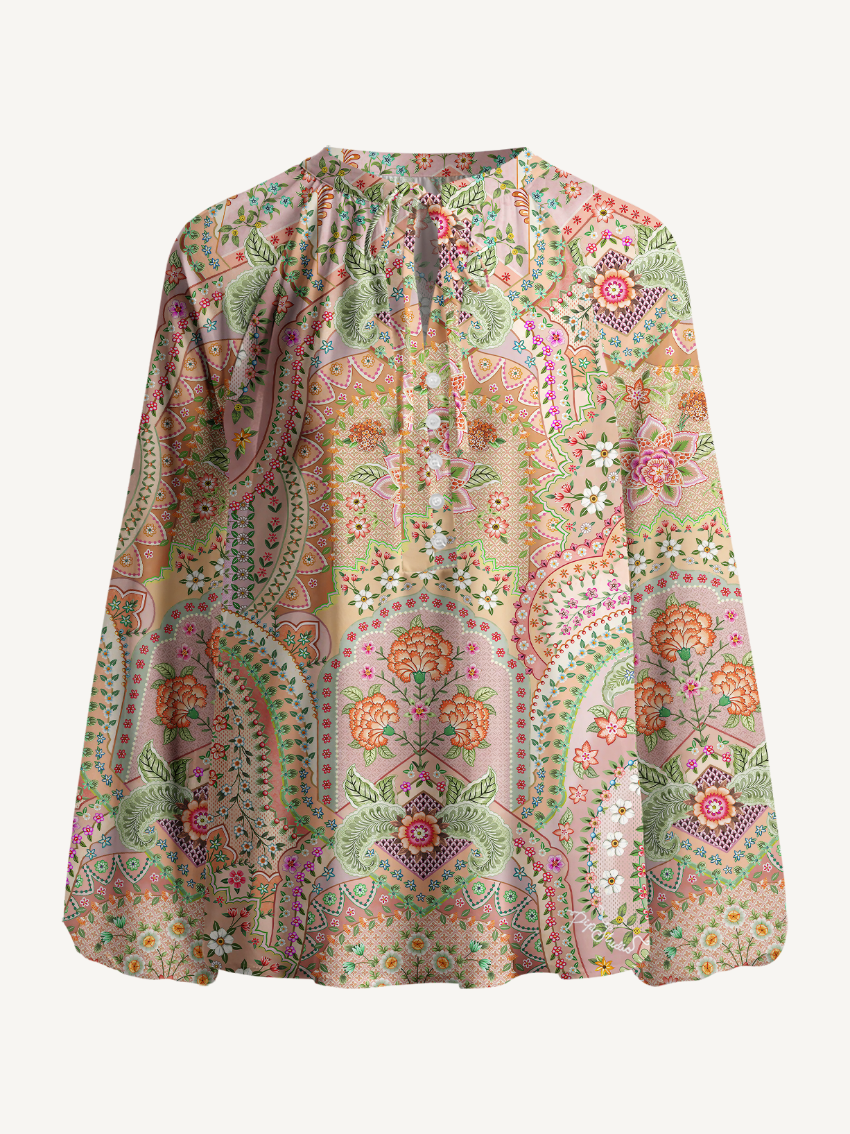 Patchwork Mandala Floral Print Boho Long Sleeve Tie‑Neck Blouse