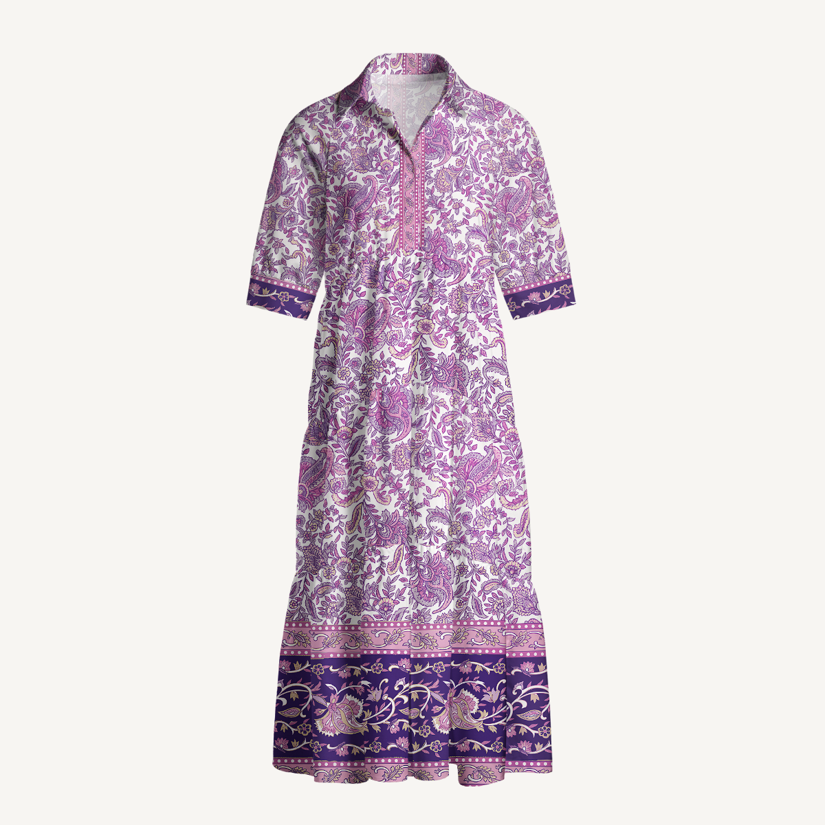 Violet Paisley Garden Print Elbow-Length Sleeve Women Midi Dress With Pockets