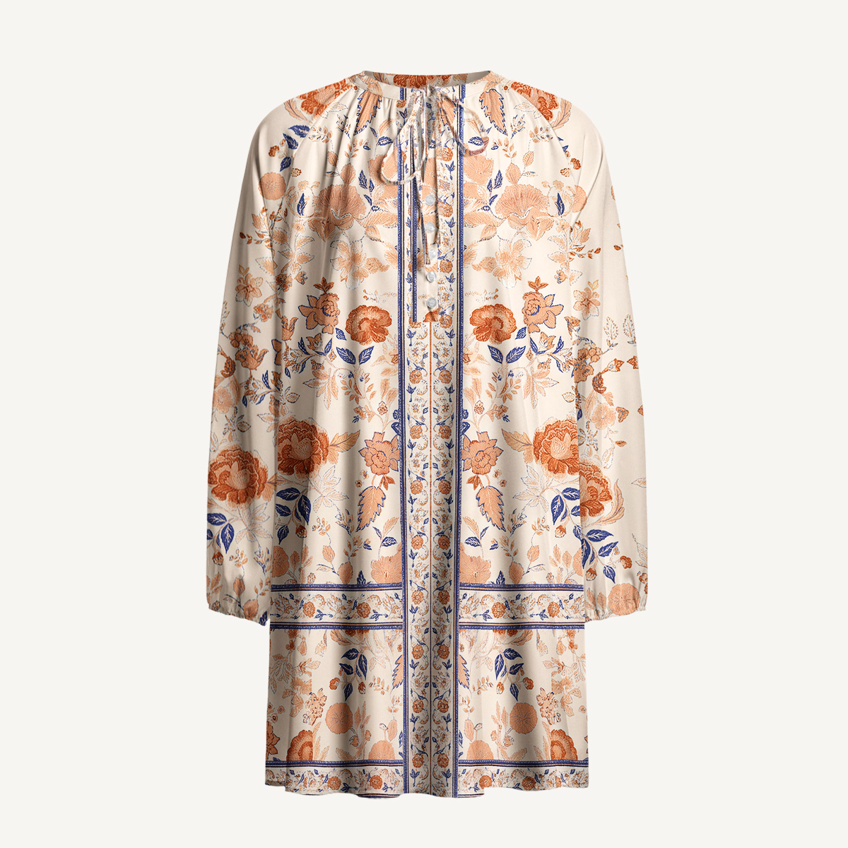 Floral Vine Print Tie‑Neck Long Sleeve Women Mini Dress