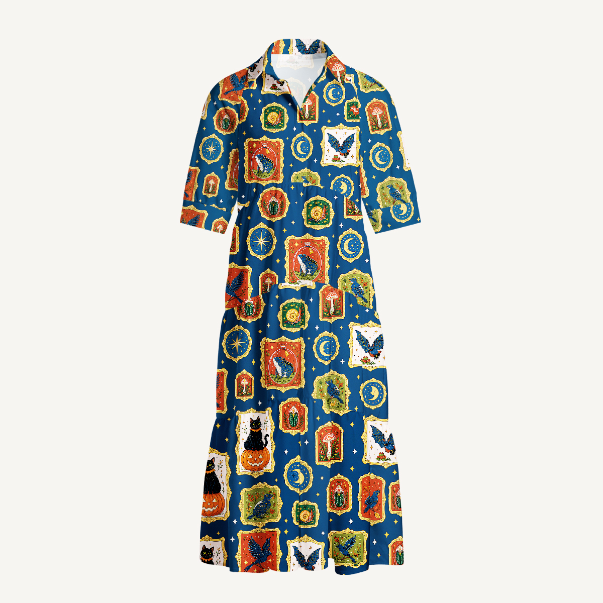 Whimsical Halloween Black Cat Bat & Moon Elbow-Length Sleeve Midi Dress