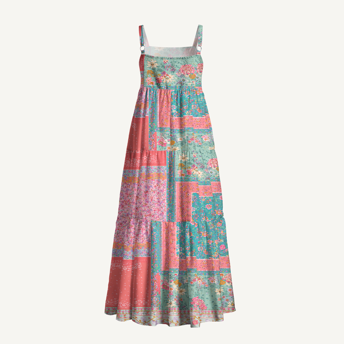 Coral Patchwork Garden Adjustable Strap Maxi Dress With Pockets