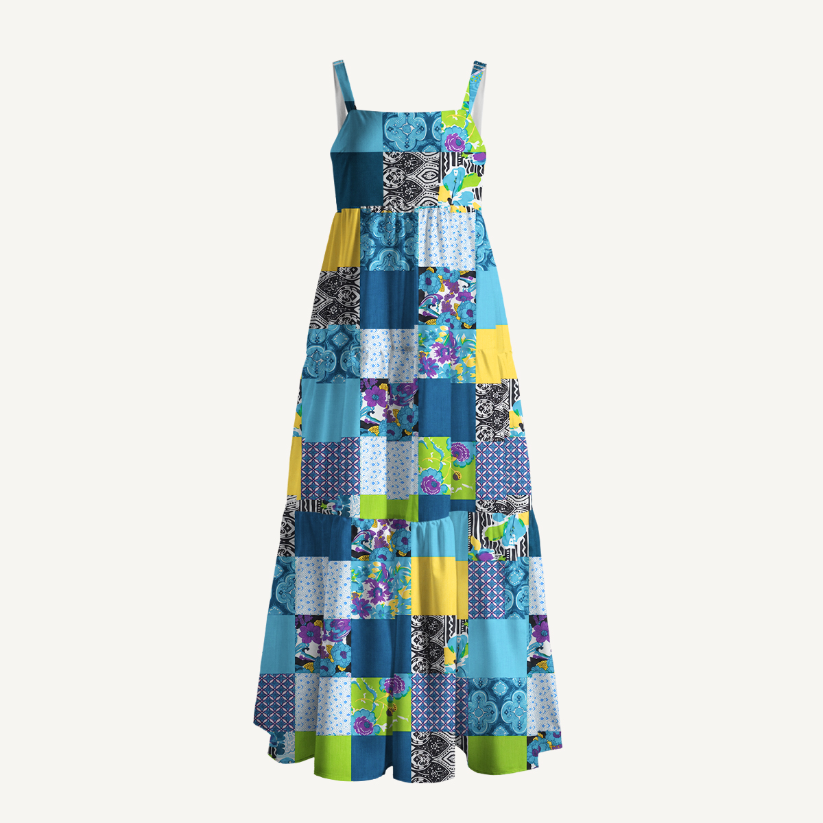 Geometric Floral Patterns Patchwork Strap Maxi Dress With Pockets