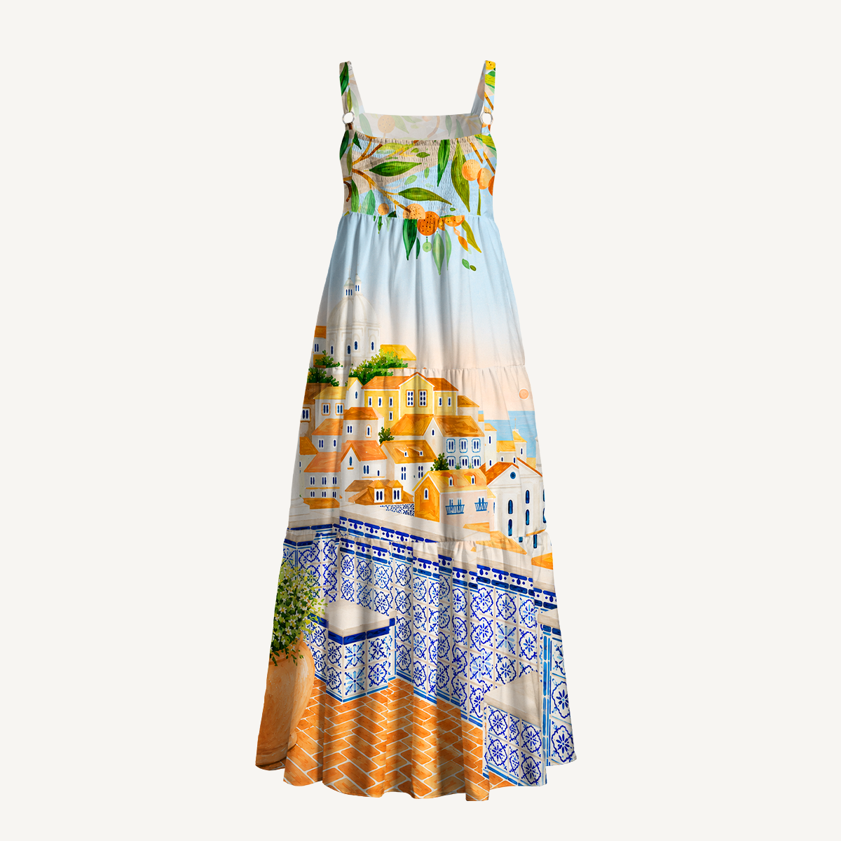 Lisbon Cityscape Wide Straps Maxi Dress With Pockets