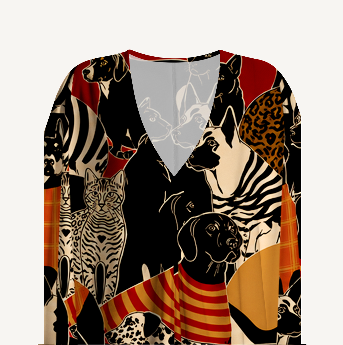 Patterned Cats & Dogs Kimono Sleeve Kaftan Dress