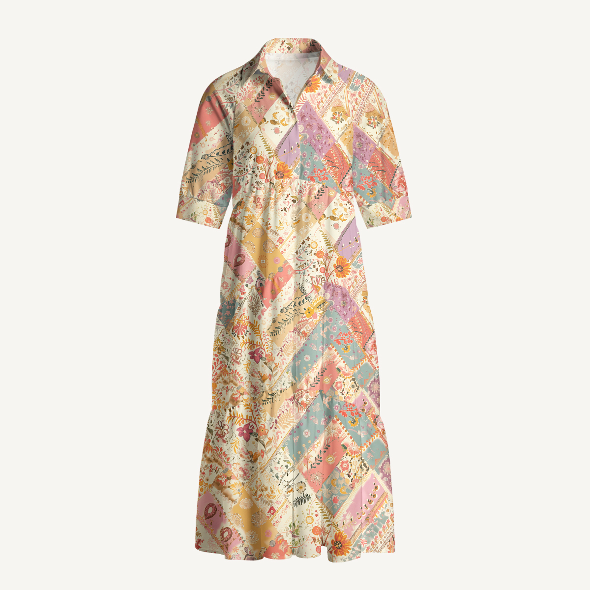 Soft Boho Floral Patchwork Elbow-Length Sleeve Midi Dress