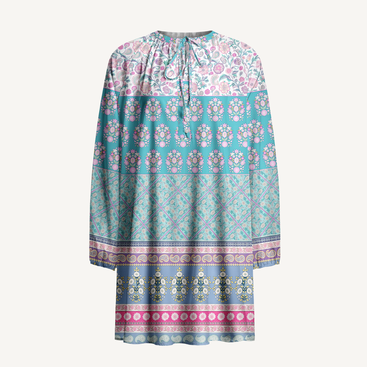 Pink Rose and Geometric Border Long Sleeve Mini Dress For Women