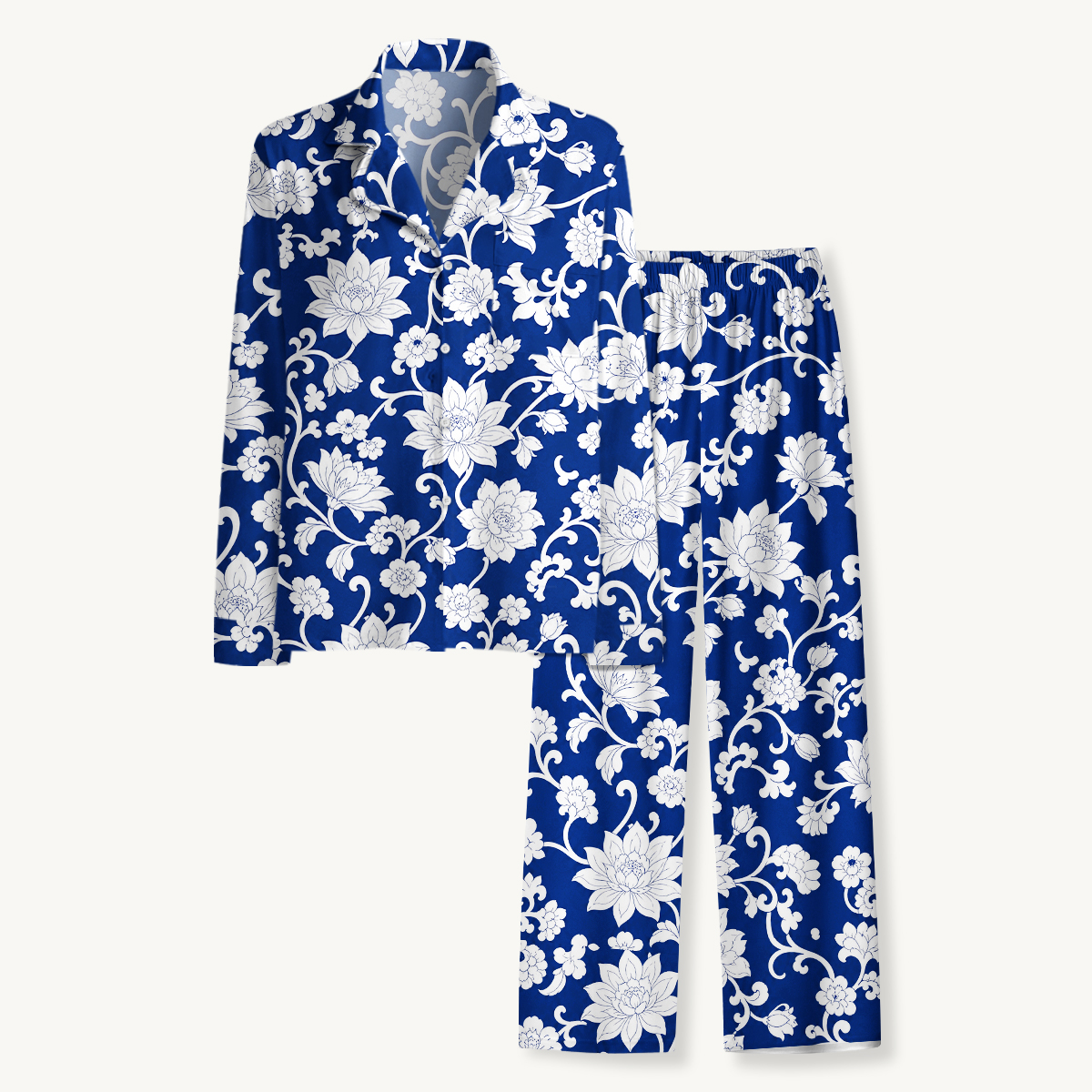 Blue & White Porcelain Floral Long Sleeves Pajama Sets