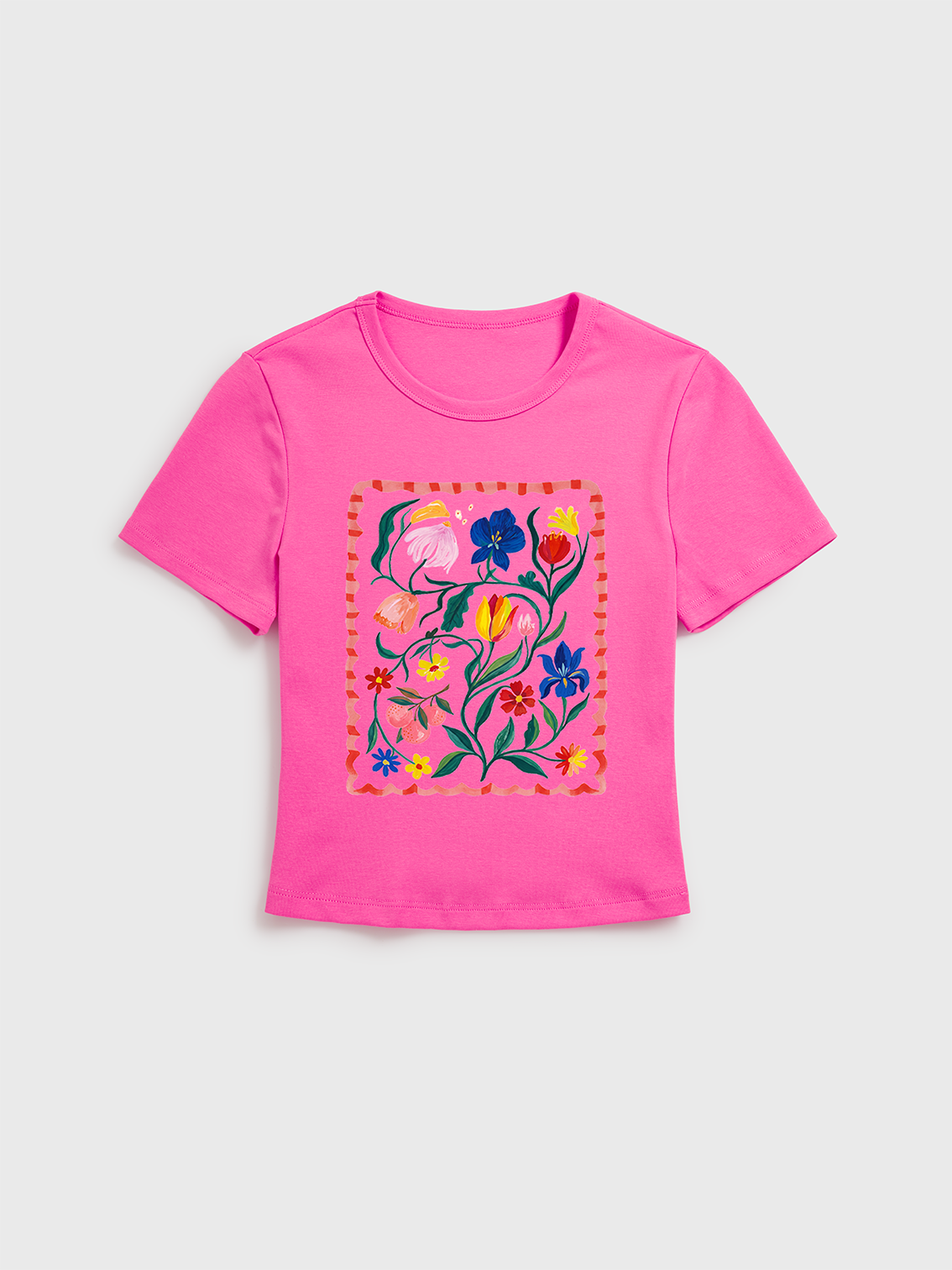 Retro Sun & Palm Print Crew Neck Cotton Tee
